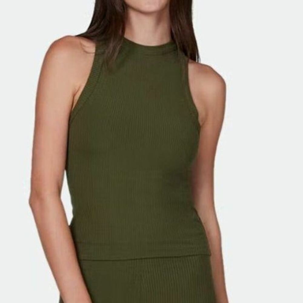 Lett Ribbed Tank Top, Small Olive Army Green Slim Fit High Neck Fitted Stretch
